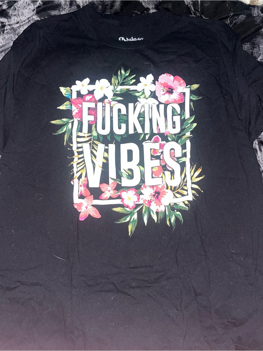 Spencers Black Floral Graphic Tee with Bold 'Vibes' Print size large
